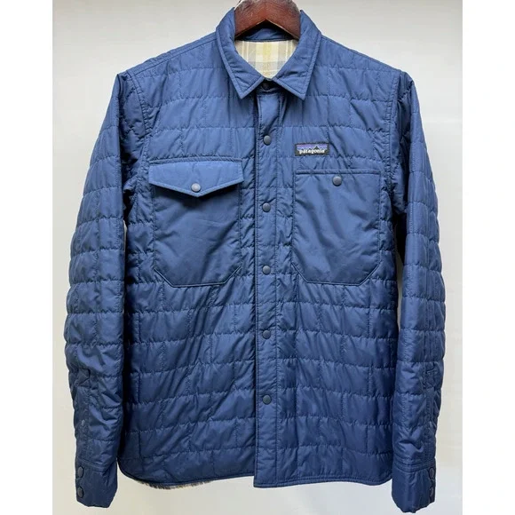PATAGONIA Gratio Quilted Nano Puffer Jacket Mens X-Small Reversible Blue Plaid - Picture 2 of 13